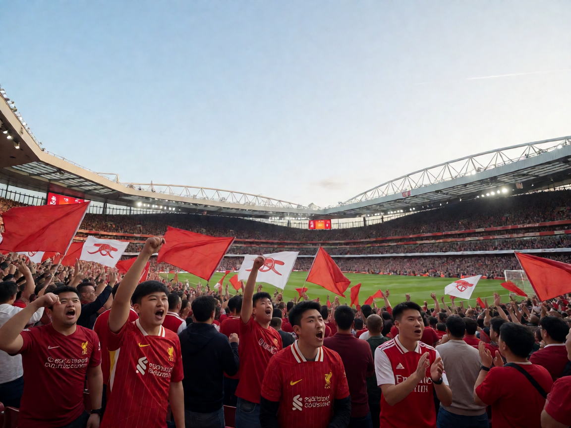 英超联赛比赛日现场，球迷热情高涨的球场氛围